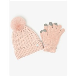 LADIES POM POM FLEECE BEANIE AND GLOVE SET