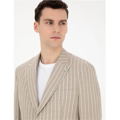 Açık Kahverengi Slim Fit Keten Çizgili Ceket