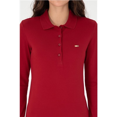 Kadın Kırmızı Basic Polo Yaka Sweatshirt