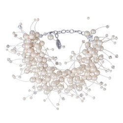 Браслет Грозди (жемчуг белый 3-7мм, SW белые хамелеон; родий) 17-22см, Есть комплект