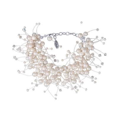 Браслет Грозди (жемчуг белый 3-7мм, SW белые хамелеон; родий) 17-22см, Есть комплект