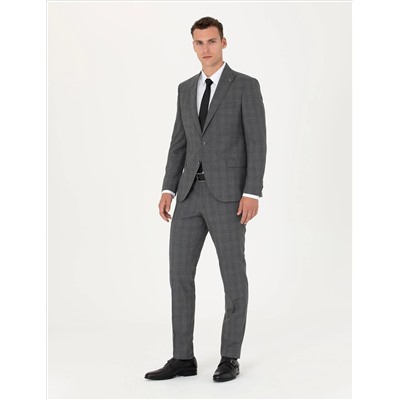 Füme Ekose Ekstra Slim Fit Yün Karışımlı Takım Elbise
