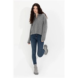 Kadın Gri Melanj V - Yaka Kazak