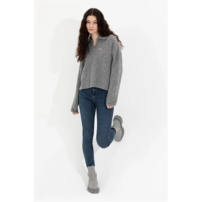 Kadın Gri Melanj V - Yaka Kazak