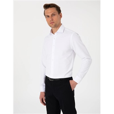 Beyaz Slim Fit Uzun Kollu Armürlü Gömlek