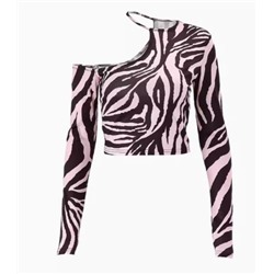 Сексуальный топ с открытыми плечами и косым воротником с зебровым принтом