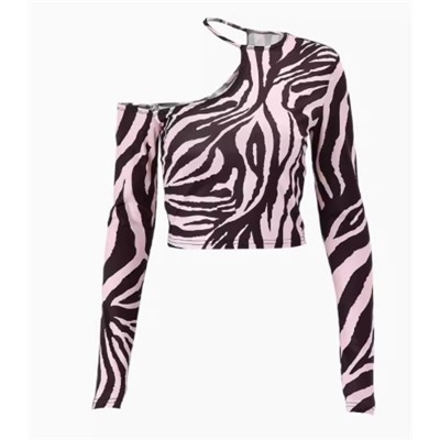 Сексуальный топ с открытыми плечами и косым воротником с зебровым принтом
