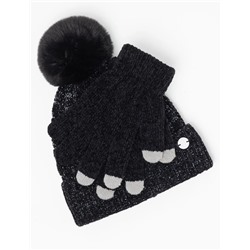 LADIES POM POM FLEECE BEANIE AND GLOVE SET