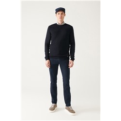 Lacivert Bisiklet Yaka Önü Dokulu Regular Fit Triko Kazak