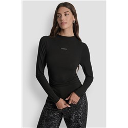 SIDE RUCHED HIGH NECK LONG SLEEVE TOP WITH RHINESTONE