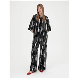Siyah Cupro Desenli Wide Leg Pantolon
