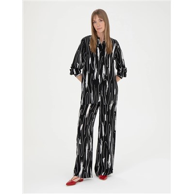 Siyah Cupro Desenli Wide Leg Pantolon