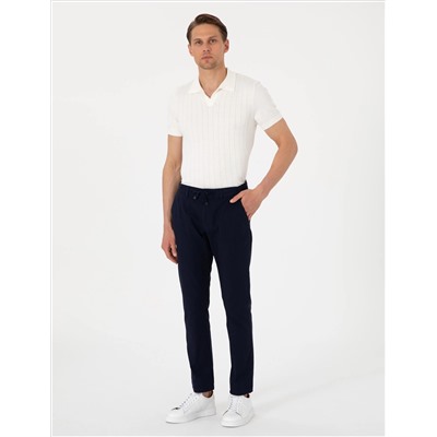 Lacivert Slim Fit Keten Görünümlü Kanvas Pantolon