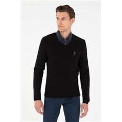 Erkek Slim Fit V Yaka Siyah Basic Kazak