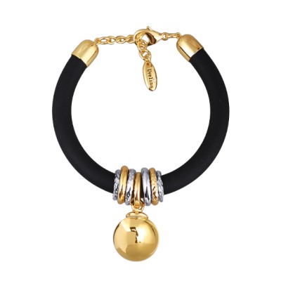 Браслет Гевея (бусина 16мм, каучук черный; покрытие золото) 19-22см, Есть комплект