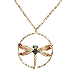 Кулон Стрекоза (эмаль красная, розовая, агат; матовое золото) 86см, Есть комплект