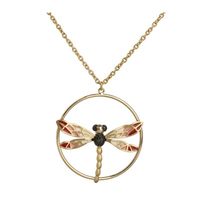 Кулон Стрекоза (эмаль красная, розовая, агат; матовое золото) 86см, Есть комплект