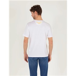 Beyaz Slim Fit Baskılı Bisiklet Yaka Tişört