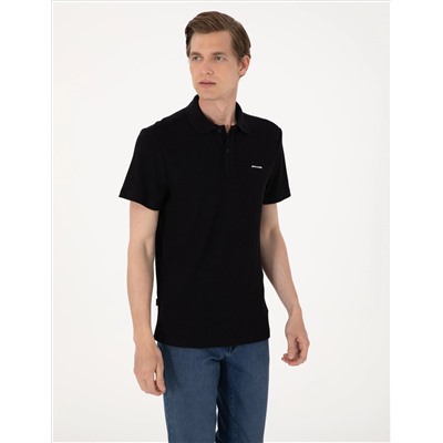 Siyah Slim Fit Örme Dokulu Polo Yaka Tişört