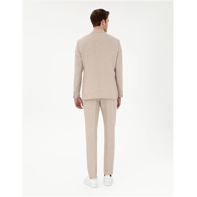 Açık Kahverengi Slim Fit Keten Karışımlı Pileli Pantolon