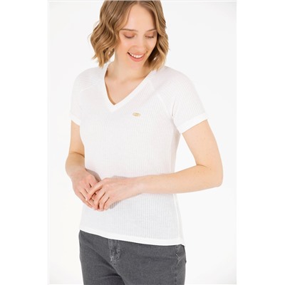 Kadın Ekru V - Yaka Tişört
