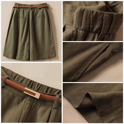 Женские удлиненные льняные шорты с ремнем в комплекте (8цветов)