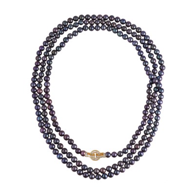 Колье (жемчуг баклажановый 7-8мм, фианит; покрытие золото) 200см, Есть комплект