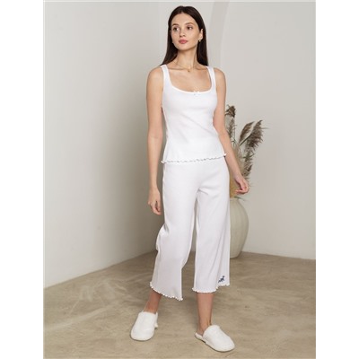 Укороченные брюки с поясом на резинке из фактурного трикотажа в рубчик с вышивкой