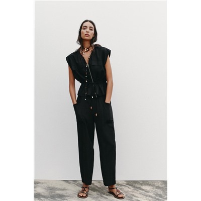 LINEN BLEND TROUSERS WITH BEADED DRAWSTRING