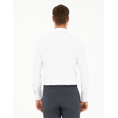 Beyaz Slim Fit Armürlü Uzun Kollu Gömlek