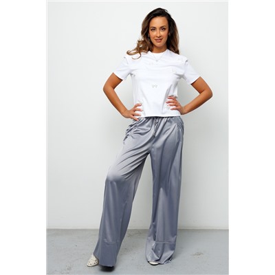 Брюки палаццо на резинке атласные 398GRY