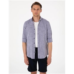 Lacivert Keten Görünümlü Slim Fit Uzun Kollu Gömlek