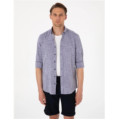 Lacivert Keten Görünümlü Slim Fit Uzun Kollu Gömlek