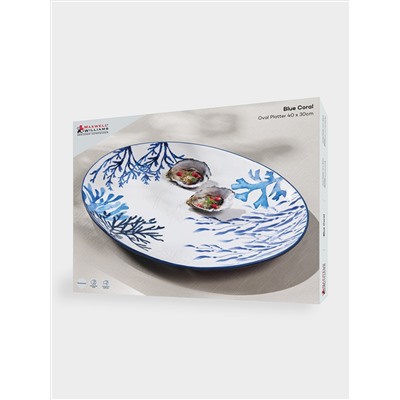 Блюдо, 40х30 см, керамика К, белое, овальное, Синие кораллы, Blue Coral