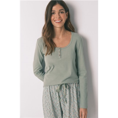 Pijama largo algodón estampado flores verde