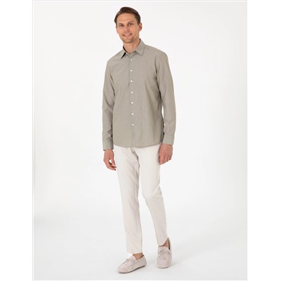 Haki Slim Fit Çizgili Uzun Kollu Gömlek