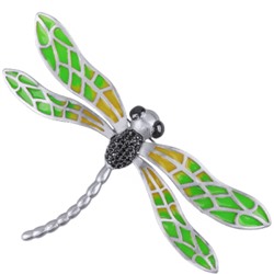 Брошь Стрекоза 10см (эмаль зеленая, желтая; покрытие матовый родий), Есть комплект