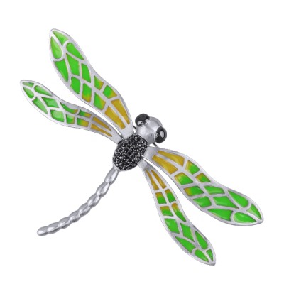 Брошь Стрекоза 10см (эмаль зеленая, желтая; покрытие матовый родий), Есть комплект