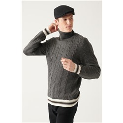 Antrasit Tam Balıkçı Yaka Saç Örgülü Unisex Triko Kazak