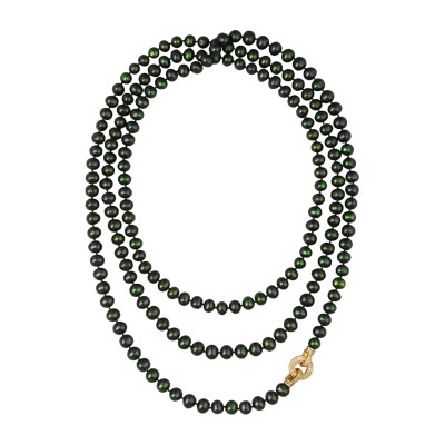 Колье (жемчуг зеленый 8-9мм, фианит; покрытие золото) 160см