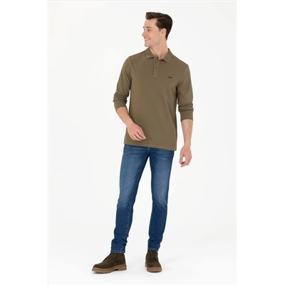 Erkek Haki Polo Yaka Basic Sweatshirt