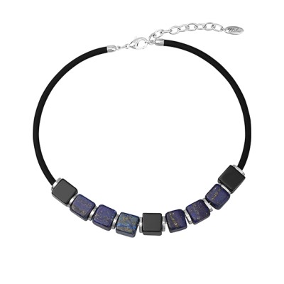 Колье Терра (агат, лазурит 13х13мм, каучук черный; покрытие родий) 40-45см, Есть комплект