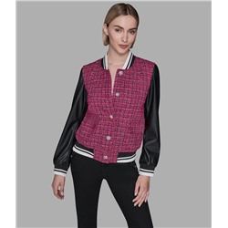 MIXED MEDIA TWEED VARSITY JACKET