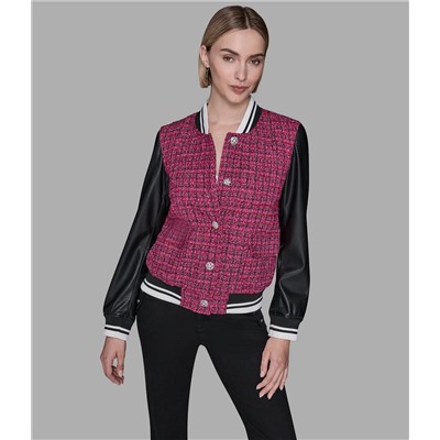 MIXED MEDIA TWEED VARSITY JACKET