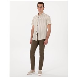 Haki Slim Fit Keten Görünümlü Kanvas Pantolon