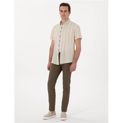 Haki Slim Fit Keten Görünümlü Kanvas Pantolon