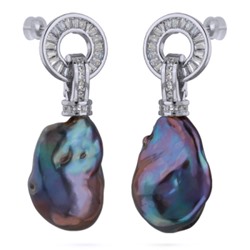 Серьги Барокко (жемчуг бензиновый, белый фианит; покрытие родий), Есть комплект