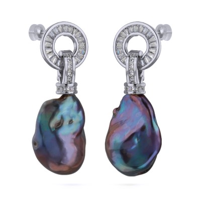 Серьги Барокко (жемчуг бензиновый, белый фианит; покрытие родий), Есть комплект