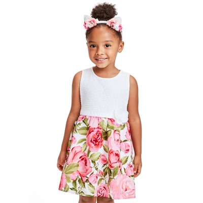 Baby And Toddler Girls Lace Floral Matching Knit To Woven Dress