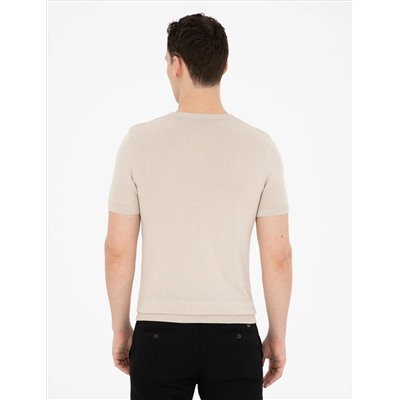 Bej Slim Fit Bisiklet Yaka Triko Tişört